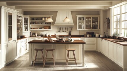Classic cream kitchen with island, wooden countertops, and ample storage.