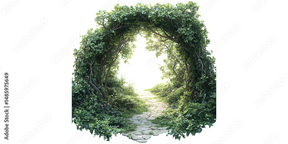 Poster pathway through lush green archway. nature's gateway to tranquility and exploration isolated on tran