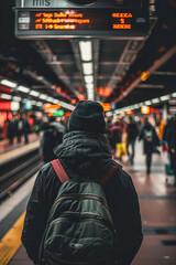 Obraz premium Individual looks around anxiously in a busy railway terminal, scanning numerous signboards for correct departure information