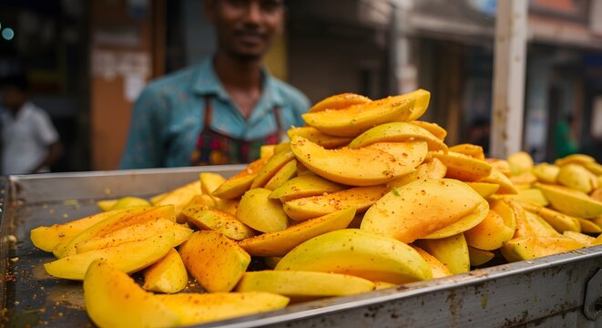 Close up of sliced mangoes on a metal tray with a vendor in the background