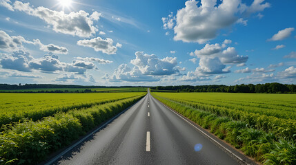 Road in a field covered in greenery under a blue cloudy sky and sunlight in Thoro, Denmark