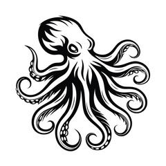 Stylized Black Silhouette Octopus with Swirling Tentacles Isolated on White Background