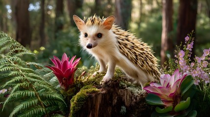 Obraz premium Adorable Hedgehog Surrounded by Tropical Flowers in a Lush Forest Environment