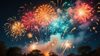 Fototapeta premium 4th of July Celebration, Vibrant Fireworks Explosion with American Flag Background