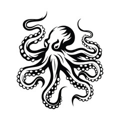 Fototapeta premium Elegant Black Octopus Silhouette with Intricate Tentacles and Suckers on White Backdrop