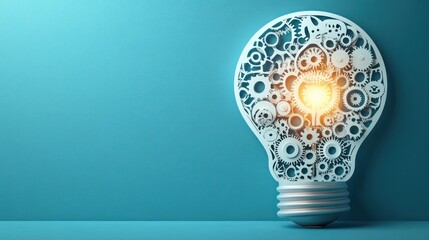 Intricate light bulb composed of numerous white gears and cogs glowing warmly against a plain turquoise background, symbolizing innovation and mechanical ingenuity