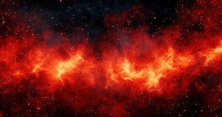 Intense swirling red and orange flames with glowing sparks against a dark black background creating a fiery and dynamic atmosphere
