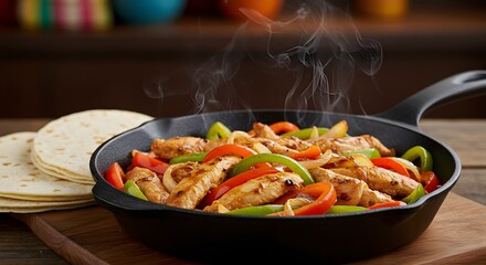 Chicken fajitas sizzling in a cast iron skillet with tortillas on the side