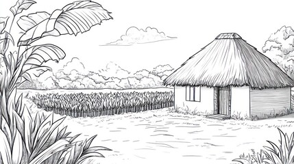 Simple sketch of thatched hut in rural landscape