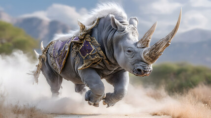 Fototapeta premium Majestic Rhino Charging Through Dusty Landscape in Ornate Regal Attire
