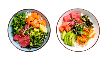 Artisan Poke Bowl Duo: A vibrant composition showcases two exquisite artisan poke bowls, each brimming with colorful ingredients and culinary finesse