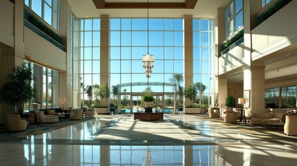Sunlit luxury hotel lobby with high ceilings, large windows, and elegant furniture.