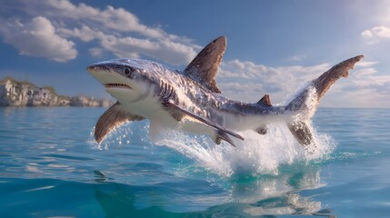 Fototapeta premium Majestic shark leaping from serene turquoise waters under a bright sky with fluffy clouds