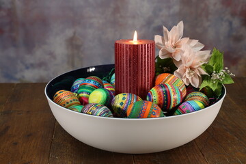 Dyed Easter eggs painted by children