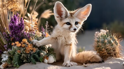 Obraz premium Adorable Fennec Fox Surrounded by Colorful Flowers and Cacti in a Natural Desert Setting
