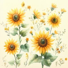 A delicate watercolor painting of bright yellow sunflowers with green leaves and smaller yellow flowers on a light background