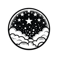 Night Sky with Clouds and Stars in a Circular Monochrome Design