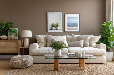 A cozy living room with beige walls, a white sofa, and soft carpeting, featuring an abstract art poster on the wall, large potted plants in ceramic pots