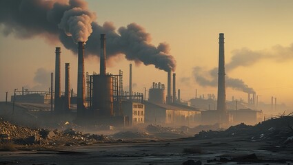 A gritty, industrial landscape at dusk, with worn, rusty smokestacks belching thick, grey-brown smoke and toxic fumes into the hazy, orange-gray sky, set against a backdrop of decaying, crumbling fact