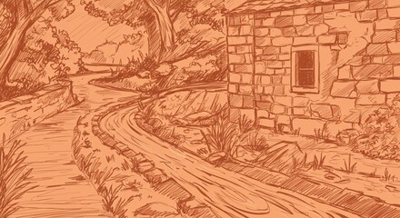 Obraz premium Serene Streamside Stone Cottage Rustic Landscape Sketch Illustration