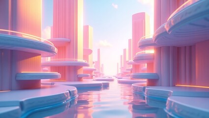 Pastel isometric city with glowing edges and floating structures in soft aurora tones for a futuristic dreamscape.