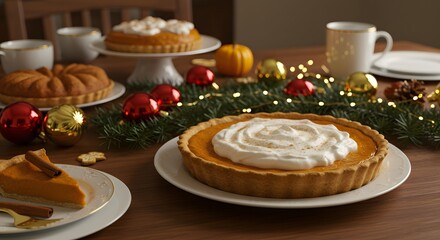 A thanksgiving table with pumpkin pies and festive holiday decorations around it