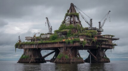 The decaying oil rig, now reclaimed by nature, stands as a forgotten industrial giant on the water.