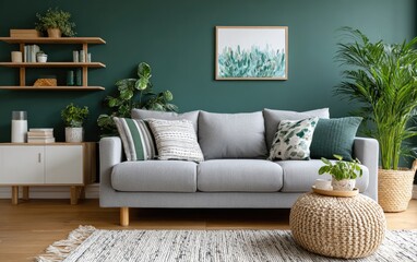 Modern interior design with a grey sofa against a dark green wall, a white sideboard, and a black lamp on a wooden floor in the living room