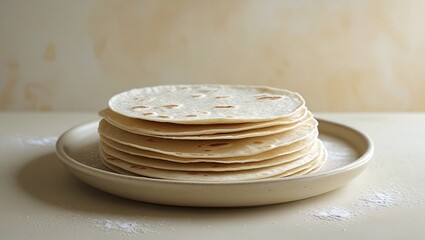 A warm and inviting still life of freshly made homemade roti or chapati, arranged in a neat stack on a plain, off-white ceramic plate, against a subtle, creamy background.