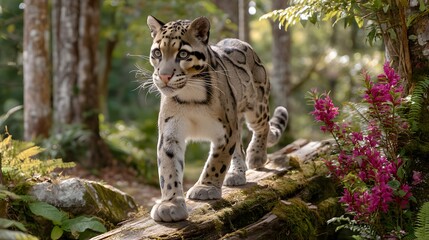 Fototapeta premium Majestic Snow Leopard Walking Gracefully Through Vibrant Forest Scene with Colorful Flowers