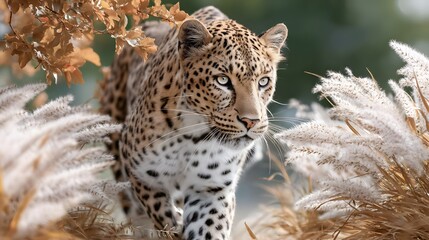 Naklejka premium Graceful Leopard Moving Through Lush Greenery with Golden Grass and Autumn Leaves