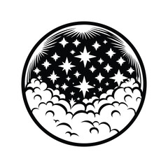 Night Sky Circle Stars, Clouds, Outer Space, Cosmic, Celestial, Monochrome, Black, White