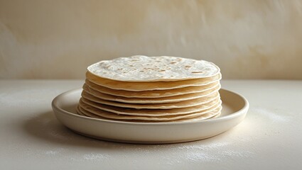 A warm and inviting still life of freshly made homemade roti or chapati, arranged in a neat stack on a plain, off-white ceramic plate, against a subtle, creamy background.