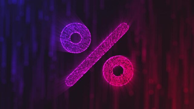 Abstract glowing percentage symbol in purple and red with a dark, blurred background.