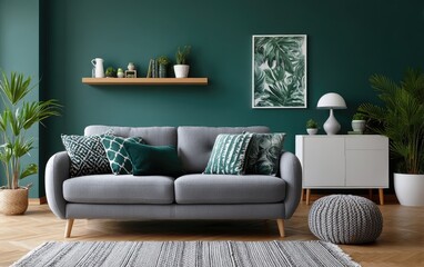 A living room with dark green walls, a grey sofa, and a white sideboard. Scandinavian interior design of modern home decor.
