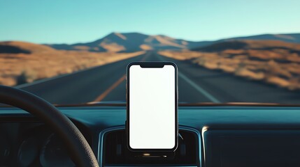 A plain white mock up smartphone screen in a phone holder on a car dashboard