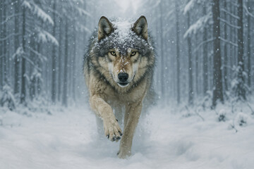 Wolf Walking Through Winter Forest
