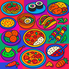 Naklejka premium Bright pop-color collage of cultural food dishes from around the world