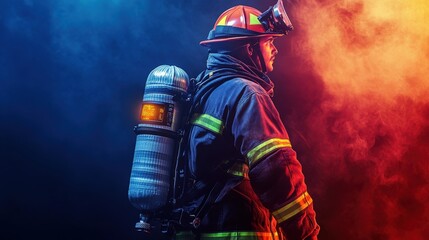 Dynamic Portrait of a Firefighter in Action with Smoke Effects and Vibrant Color Contrast, Capturing the Spirit of Courage, Strength, and Dedication to Fire Safety and Protection