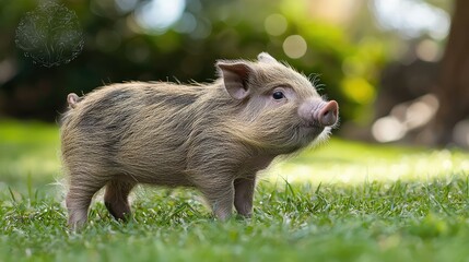 Curious young Pot Belly Pig standing on the grass, looking to the right, surrounded by soft green grass and out-of-focus trees.