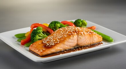 Salmon fillet with sesame seeds and vegetables on a white square plate dish