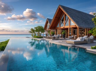 Obraz premium In the foreground, there is an infinity pool with reflections of luxury villas and resort buildings in it