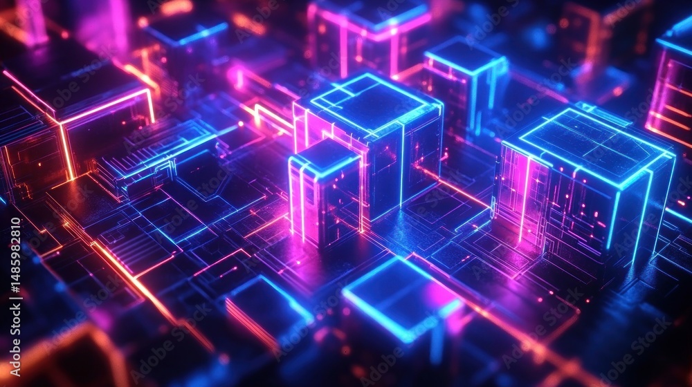 Aufkleber abstract futuristic cityscape with glowing neon blue and pink illuminated geometric blocks and grid 