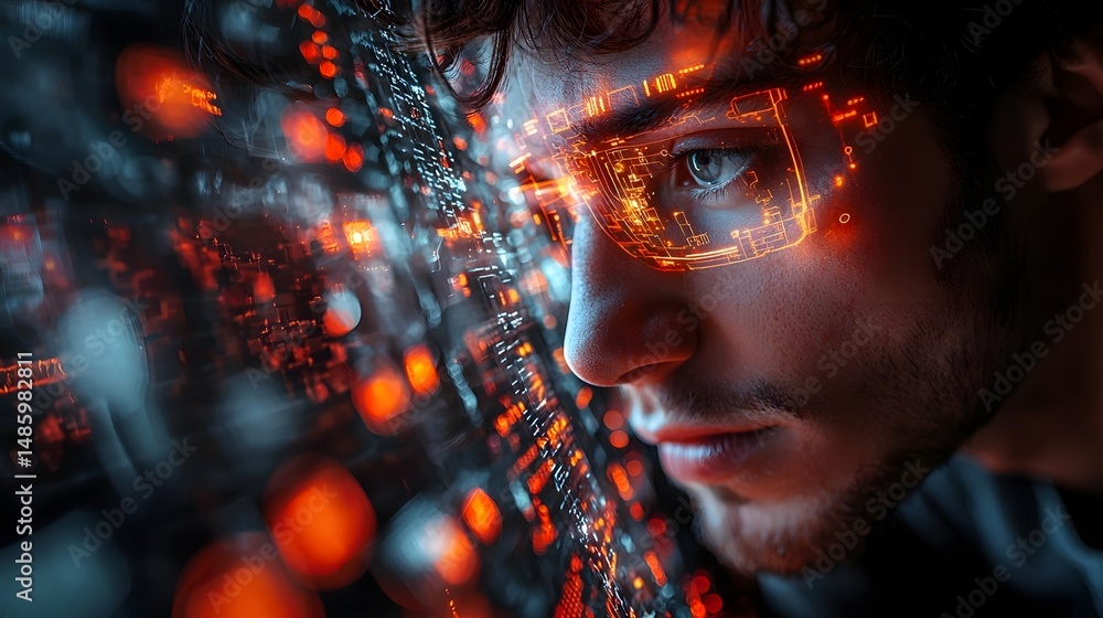Poster a hacker using a futuristic holographic interface to bypass digital security firewalls