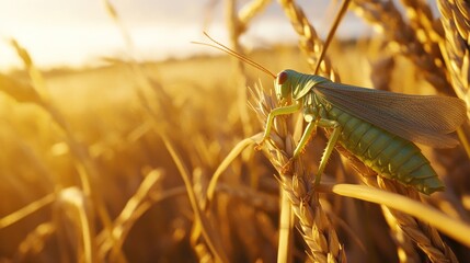 Fototapeta premium Green insect on golden wheat stalk