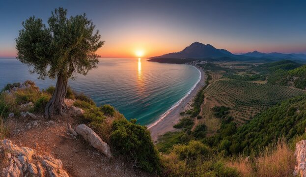 Panoramic Sunset View of Coastal Bay