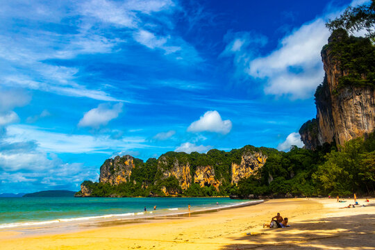 Railay Beach Thailand beautiful famous beach lagoon between limestone rocks.