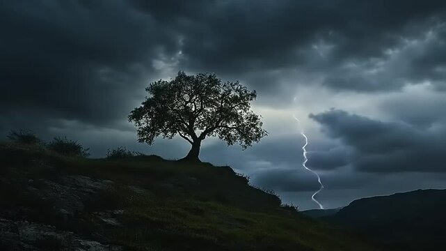 Solitary tree on a hill under dramatic stormy skies, capturing nature's beauty and resilience