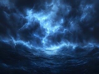 Powerful electric storm rages over a turbulent ocean