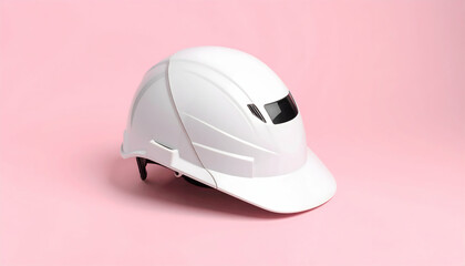 Futuristic White Cyber Helmet with Visor on Pink Background Featuring Modern Design for Head Protection and Technological Innovation